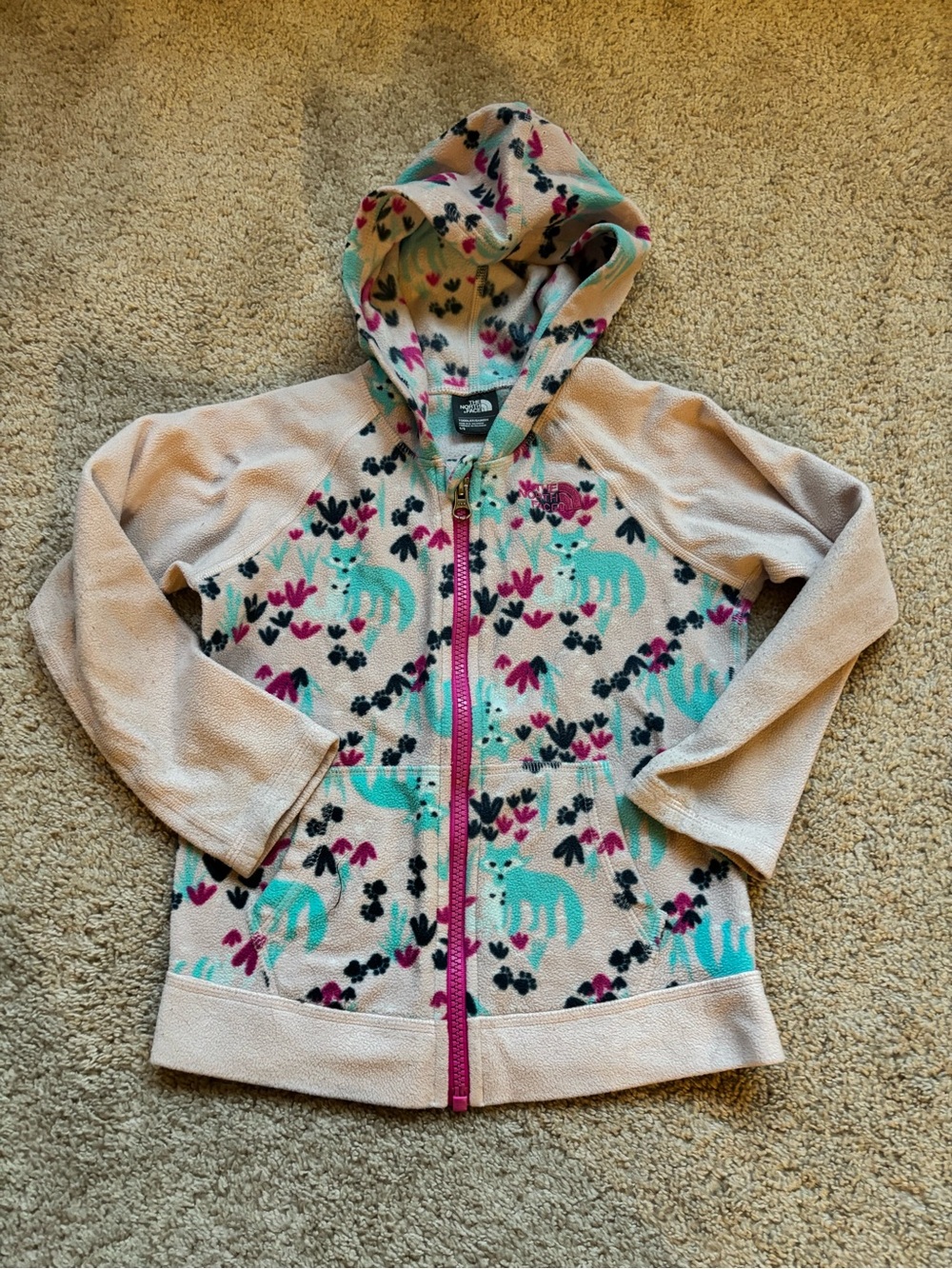 The North Face Girls Cream Hooded Zip Fleece with Teal & Pink Print